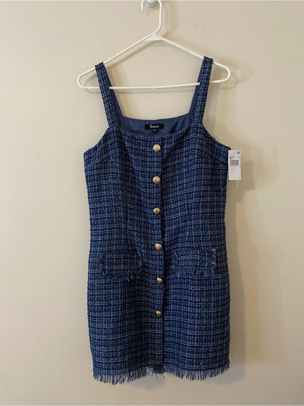 Navy Blue Tweed Button-Front Mini Dress with Gold Buttons